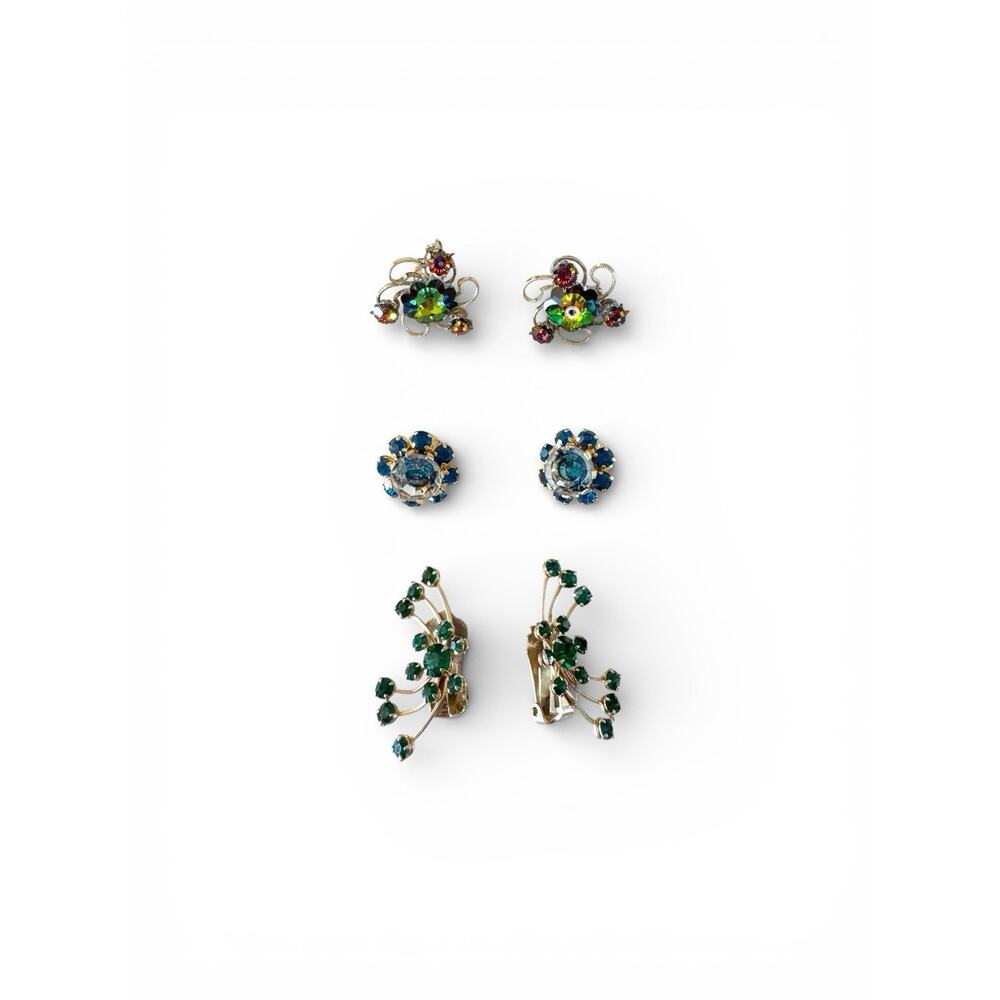 Three Pairs Of Vintage Clip On Screw On Earrings Rhinestones Costume Jewelry